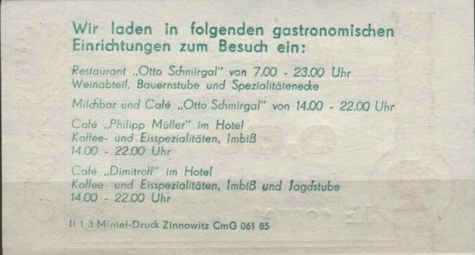 East Germany GDR DDR—Speisentalon—Hotel voucher Zinnowitz Set 0.50+1 Mark