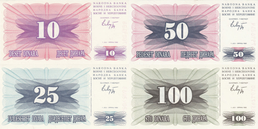 Bosnia and Herzegovina 4 pc set P-10 P-11 P-12 P-13 10 25 50 100 dinara 1992 XF