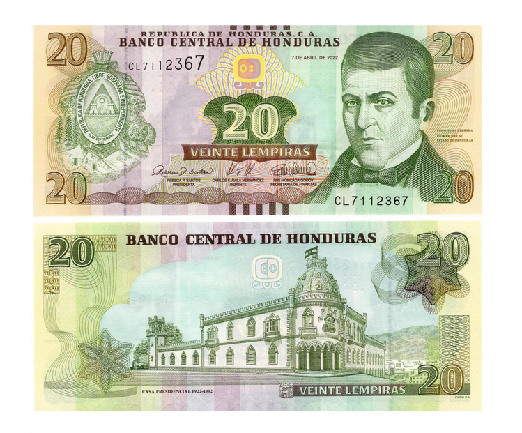 Honduras P100e 20 Lempiras 2022 UNC—Dionisio de Herrera—Casa Presidencial