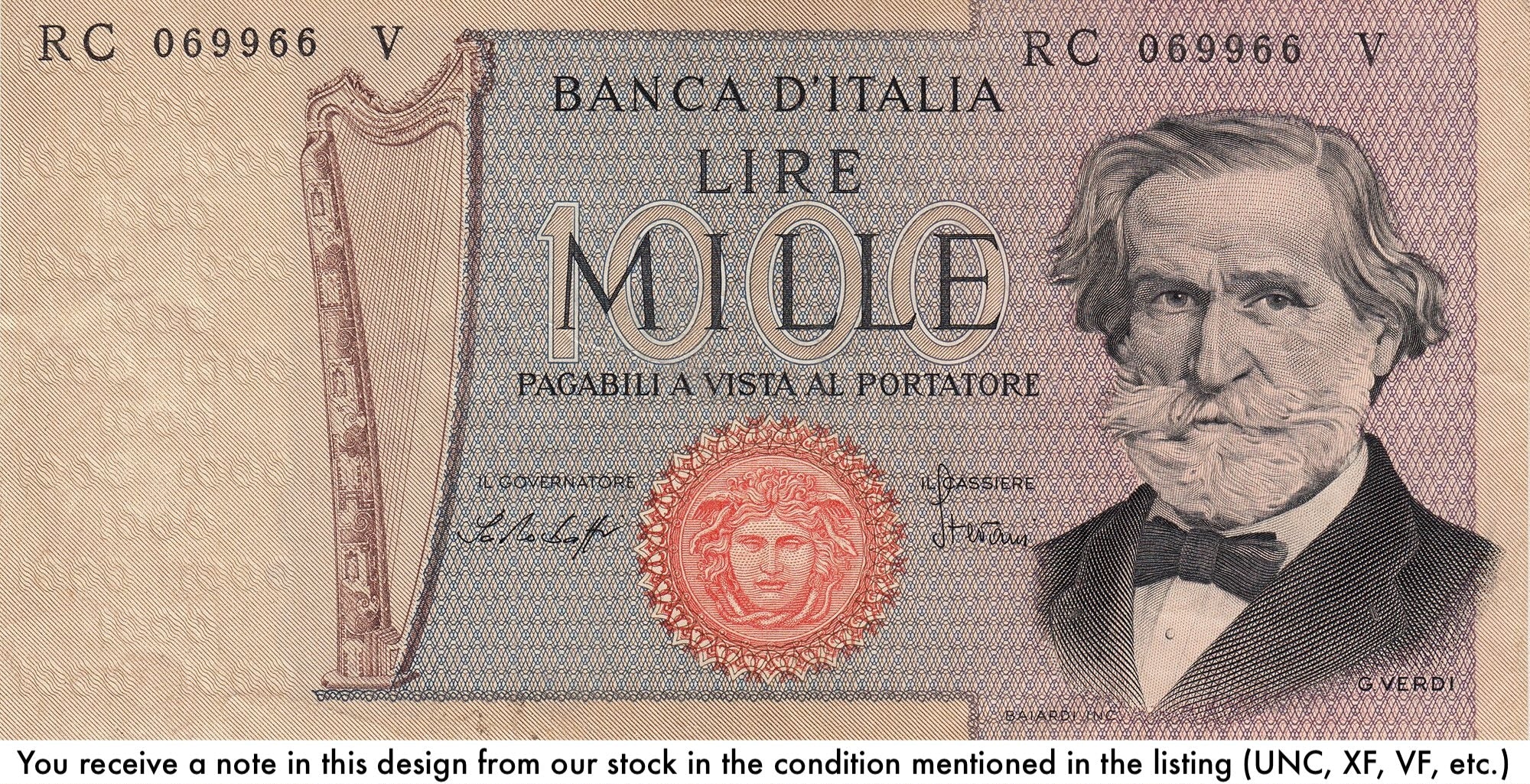 Italy P101 (a–i various) 1000 Lire Lira 1969-1981 VF—Verdi—La Scala Opera, Milan
