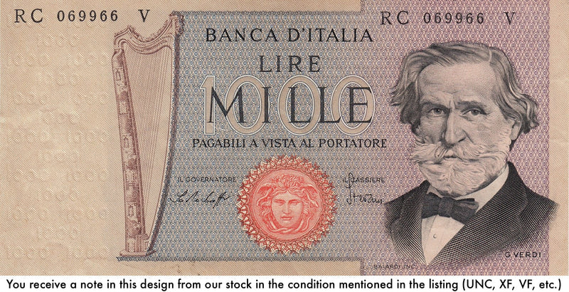 Italy P101 (a–i various) 1000 Lire Lira 1969-1981 VF—Verdi—La Scala Opera, Milan