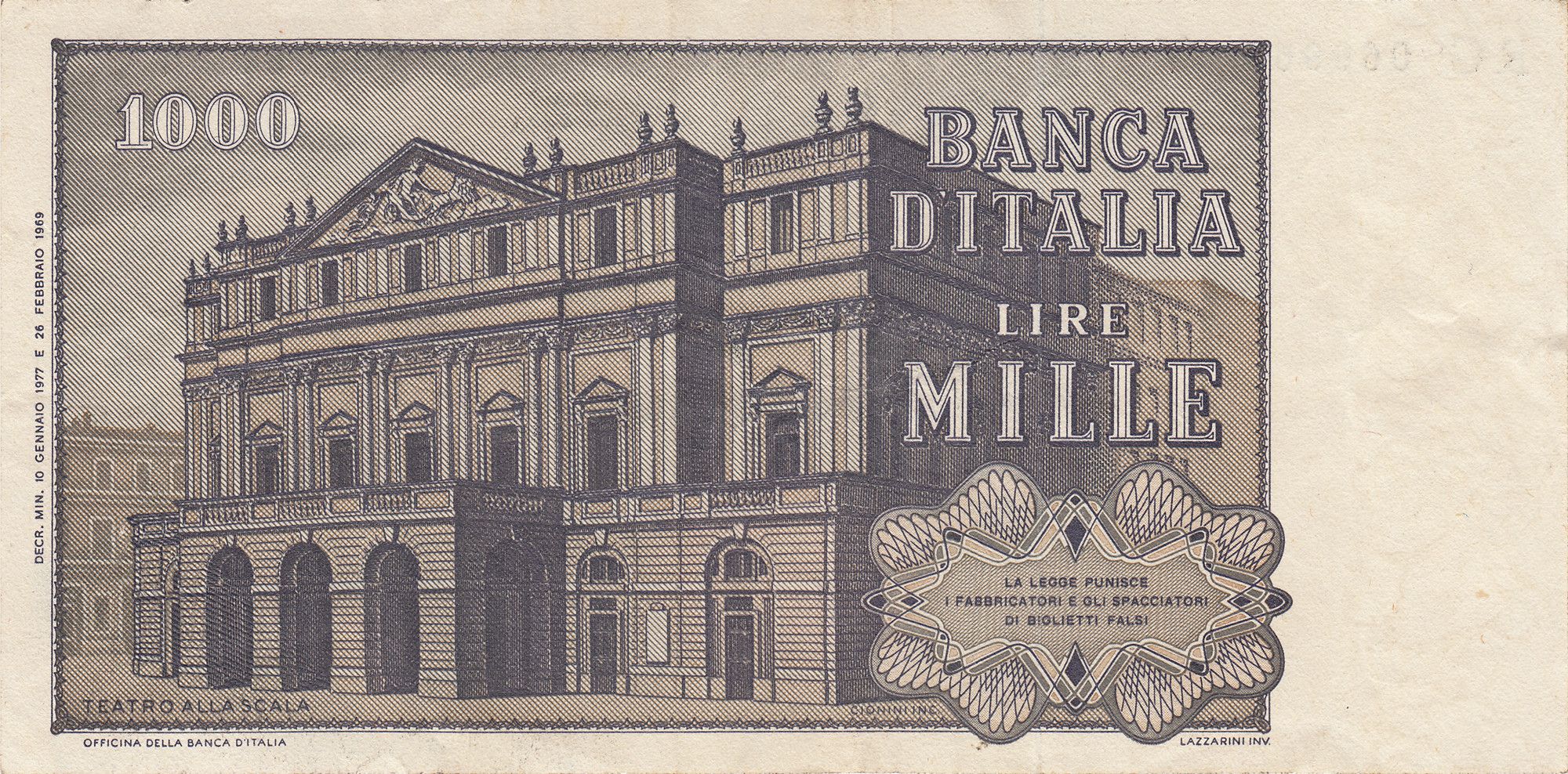 Italy P101 (a–i various) 1000 Lire Lira 1969-1981 VF—Verdi—La Scala Opera, Milan