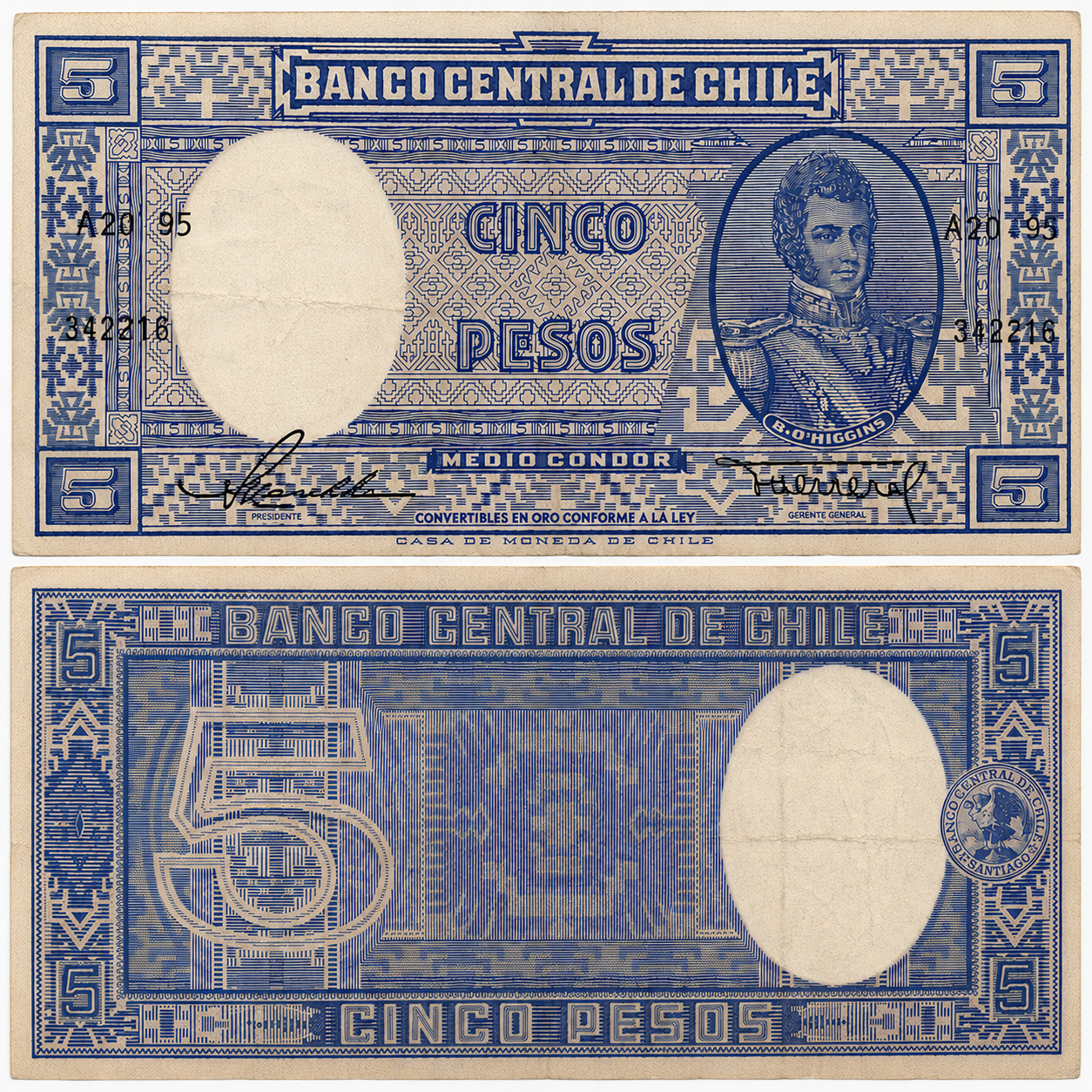 Chile P110 or P119 5 Pesos ND(1944-59) Very Fine Plus