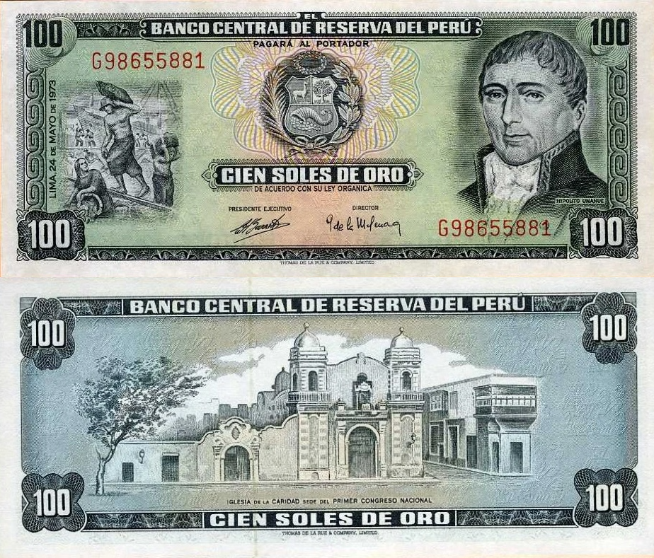 Peru P102c 100 Soles de Oro 1973 UNC—Creator of Peru's Moden Medicine—Congress