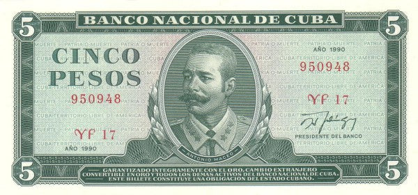 Caribbean P103d 5 pesos 1990 UNC | green 90825J7