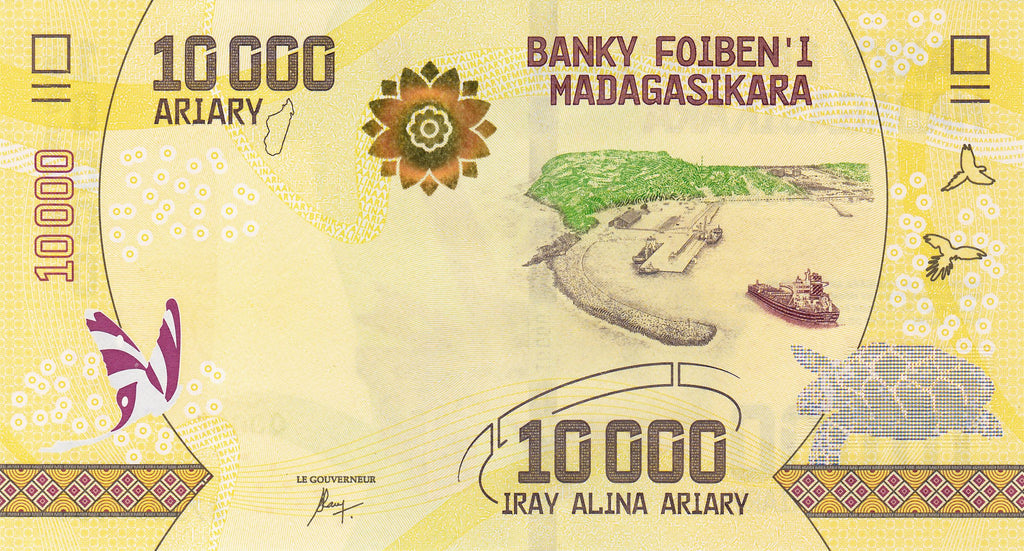 Madagascar P-103a 10,000 Ariary ND(2017) UNC—Port of Ehoala—Valiha & Zafimaniry Carvings