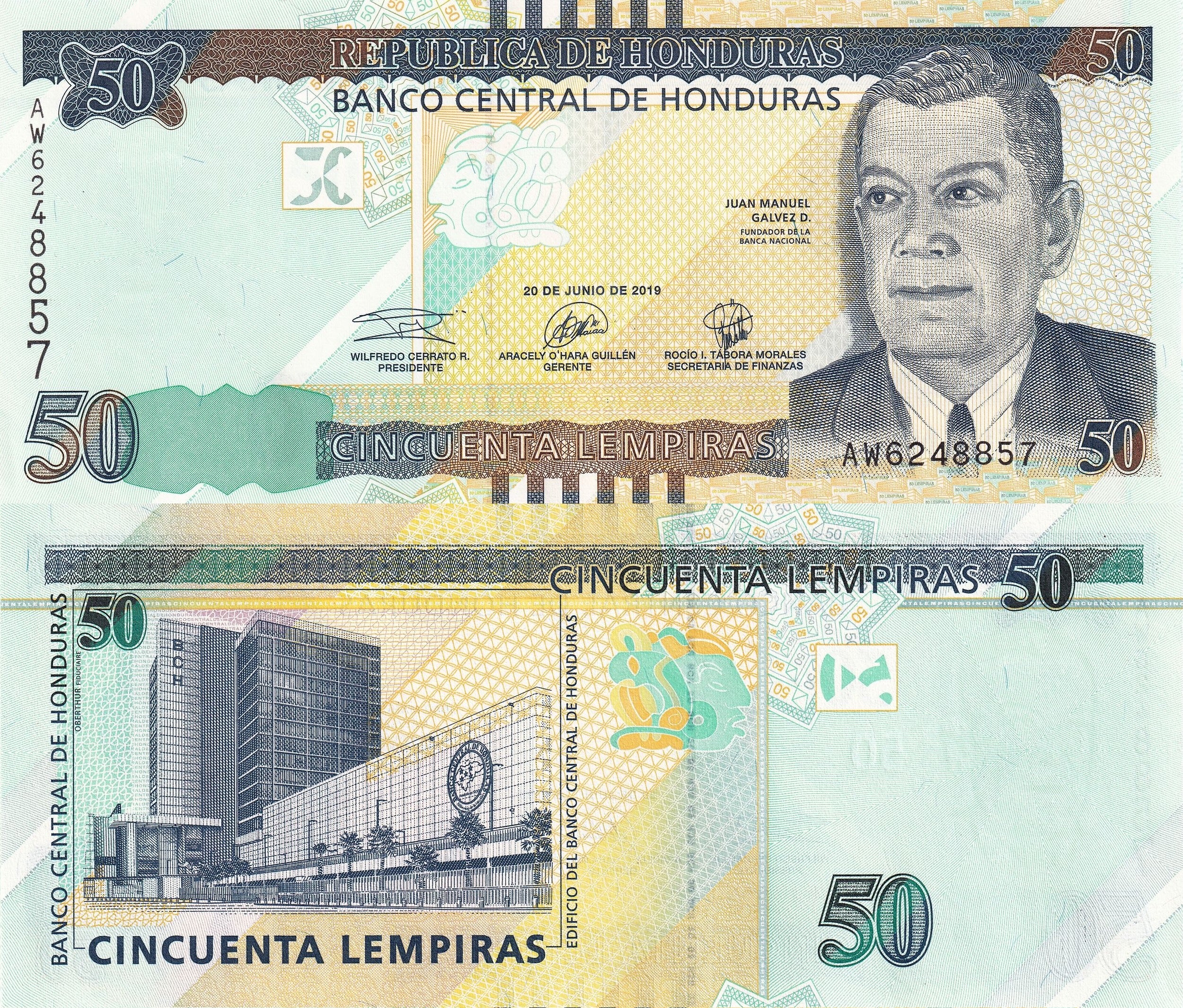 Honduras P104b 50 Lempiras 2019 UNC—Gálvez—BCH Building—W104 B350b