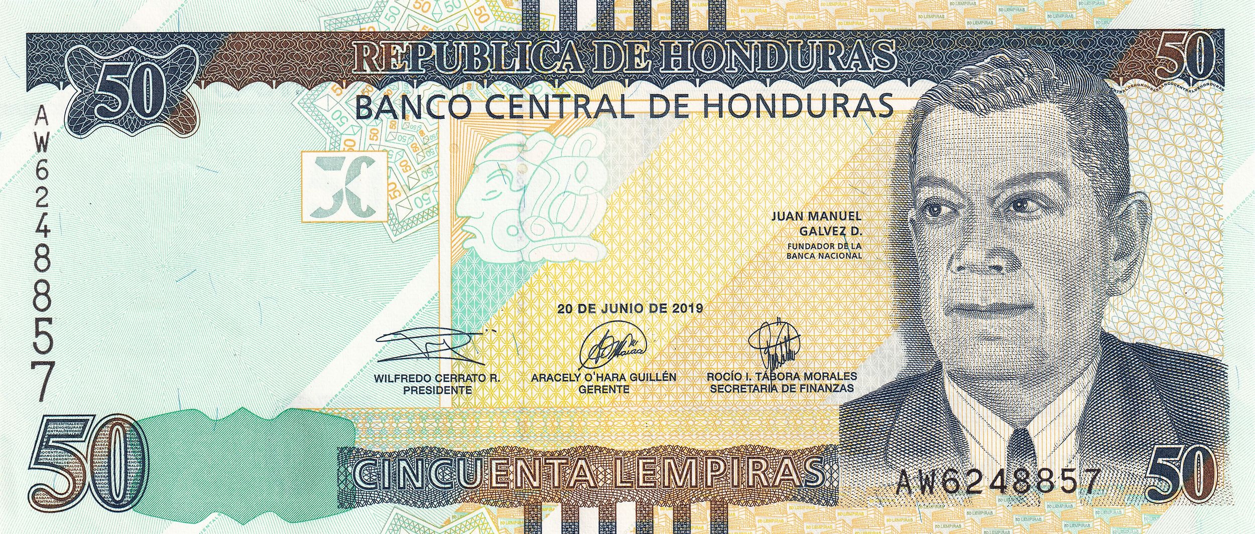 Honduras P104b 50 Lempiras 2019 UNC—Gálvez—BCH Building—W104 B350b