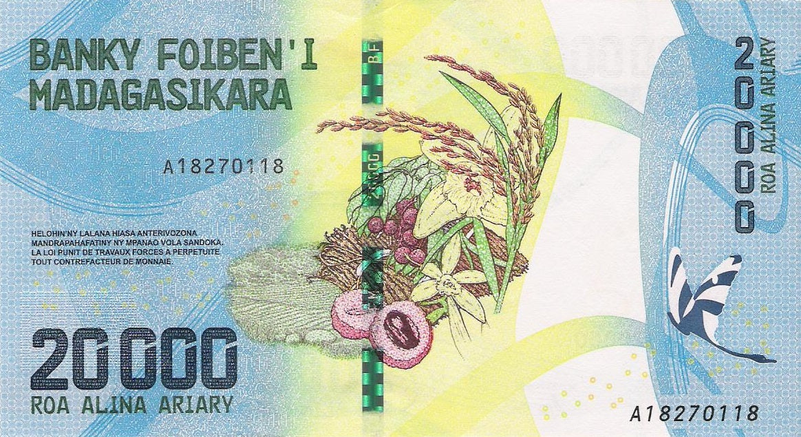 Madagascar P-104a 20,000 Ariary ND (2017) UNC—Ambatovy Mine—Rice, Vanilla & Lychees