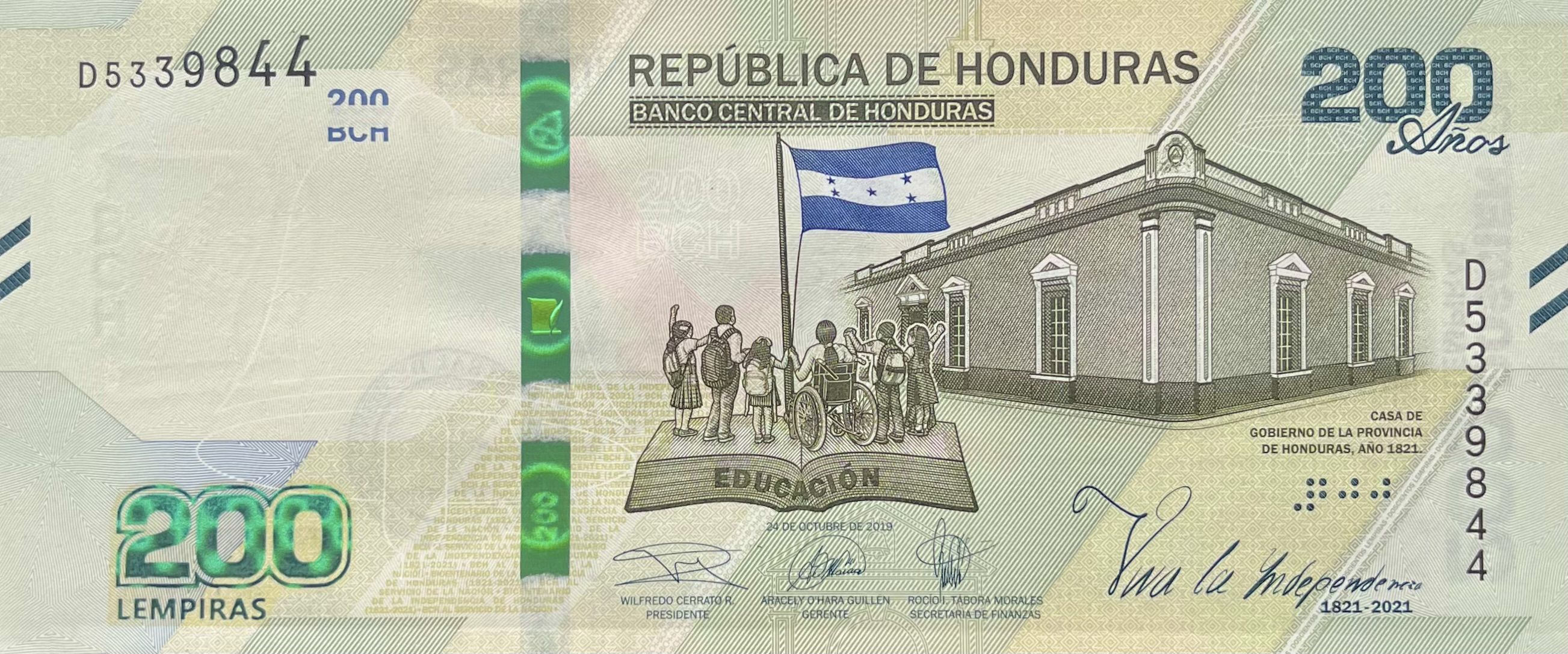 Honduras P105 200 Lempiras 2019 UNC—Parrot—Macaw—Independence Commemorative