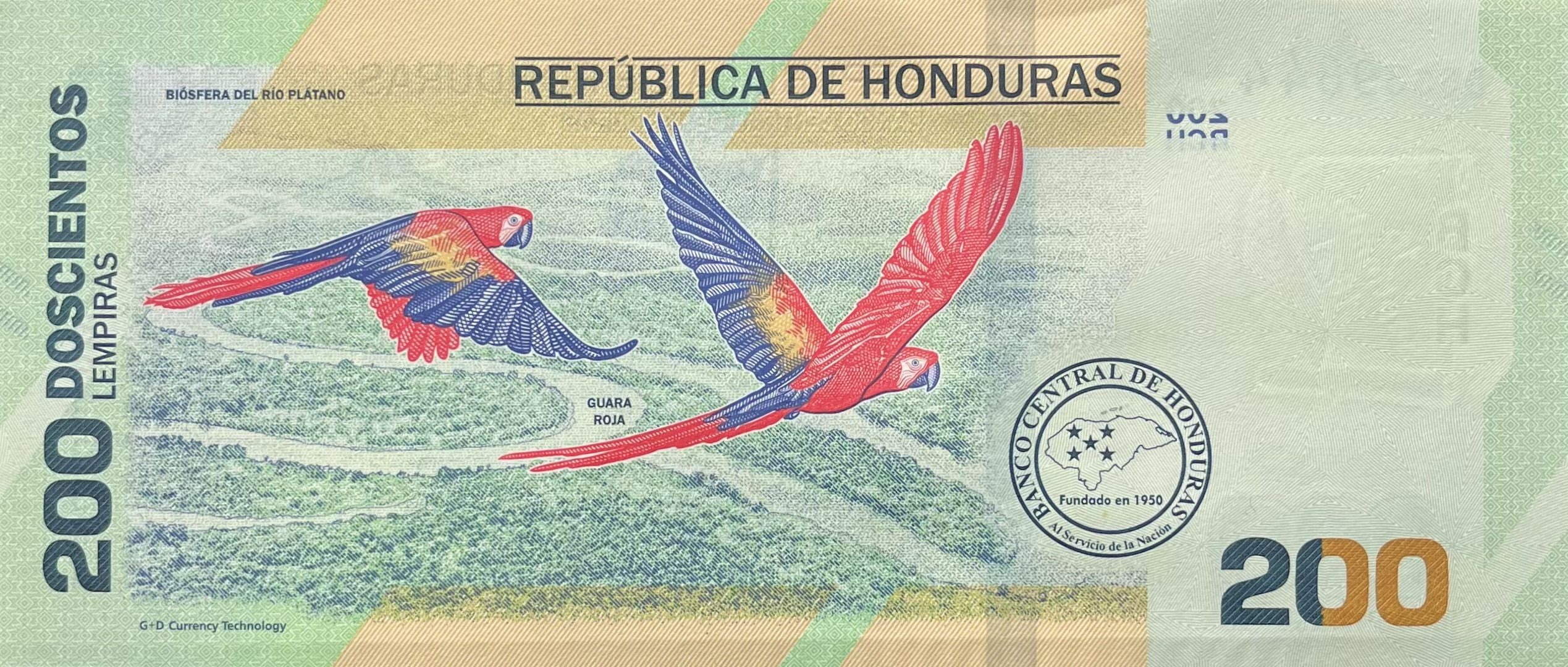 Honduras P105 200 Lempiras 2019 UNC—Parrot—Macaw—Independence Commemorative