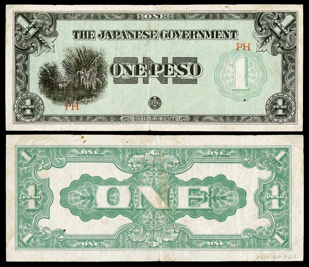 Philippines Japanese Occupation P106a 1 Peso 1942—Beige Paper—Fine+Pinholes—Plantation