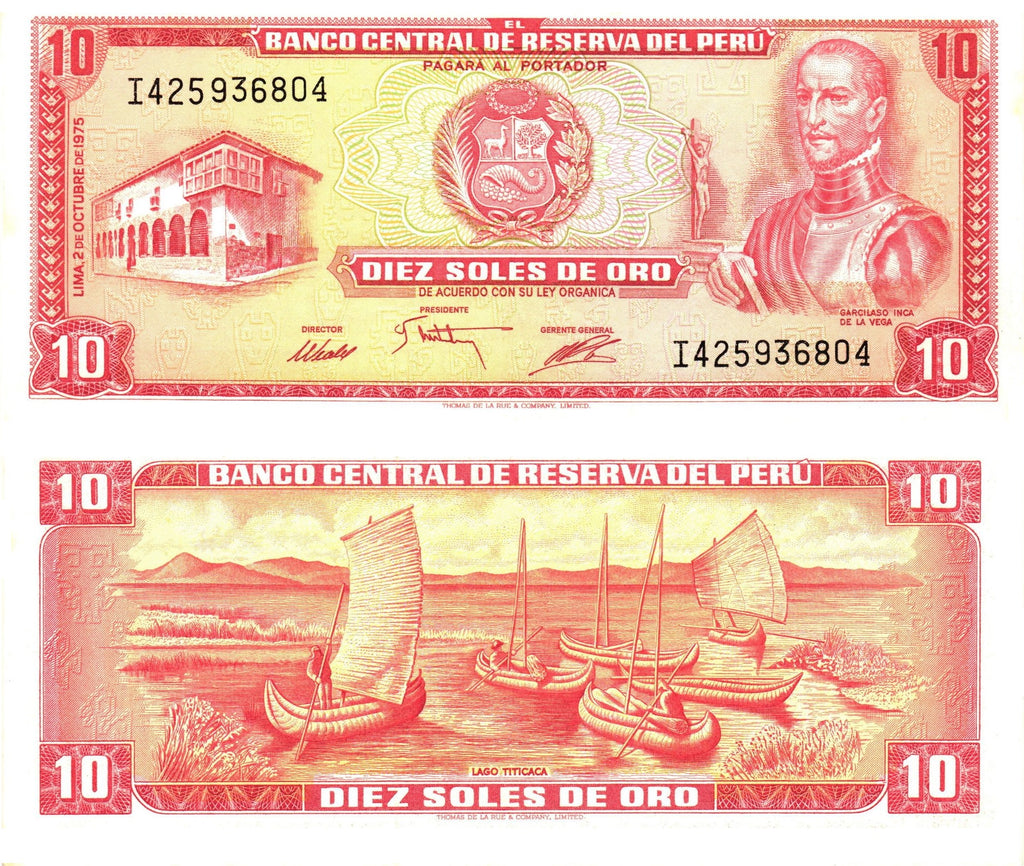 Peru P106 B435h 10 Soles de Oro 2-Oct-1975 UNC—Author of Inca History—Lake Titicaca