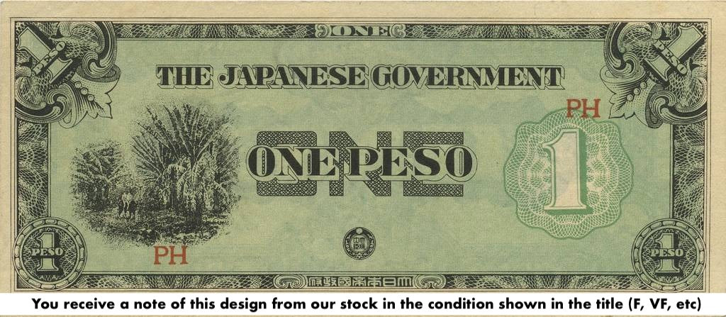 Philippines Japanese Occupation P106a 1 Peso 1942—Beige Paper—Fine+Pinholes—Plantation