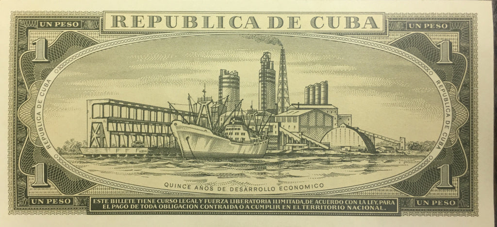 Caribbean P106 1 peso 1975 UNC—Artwork: Port, Ship—Commem. 15th anniv. bank nationalization