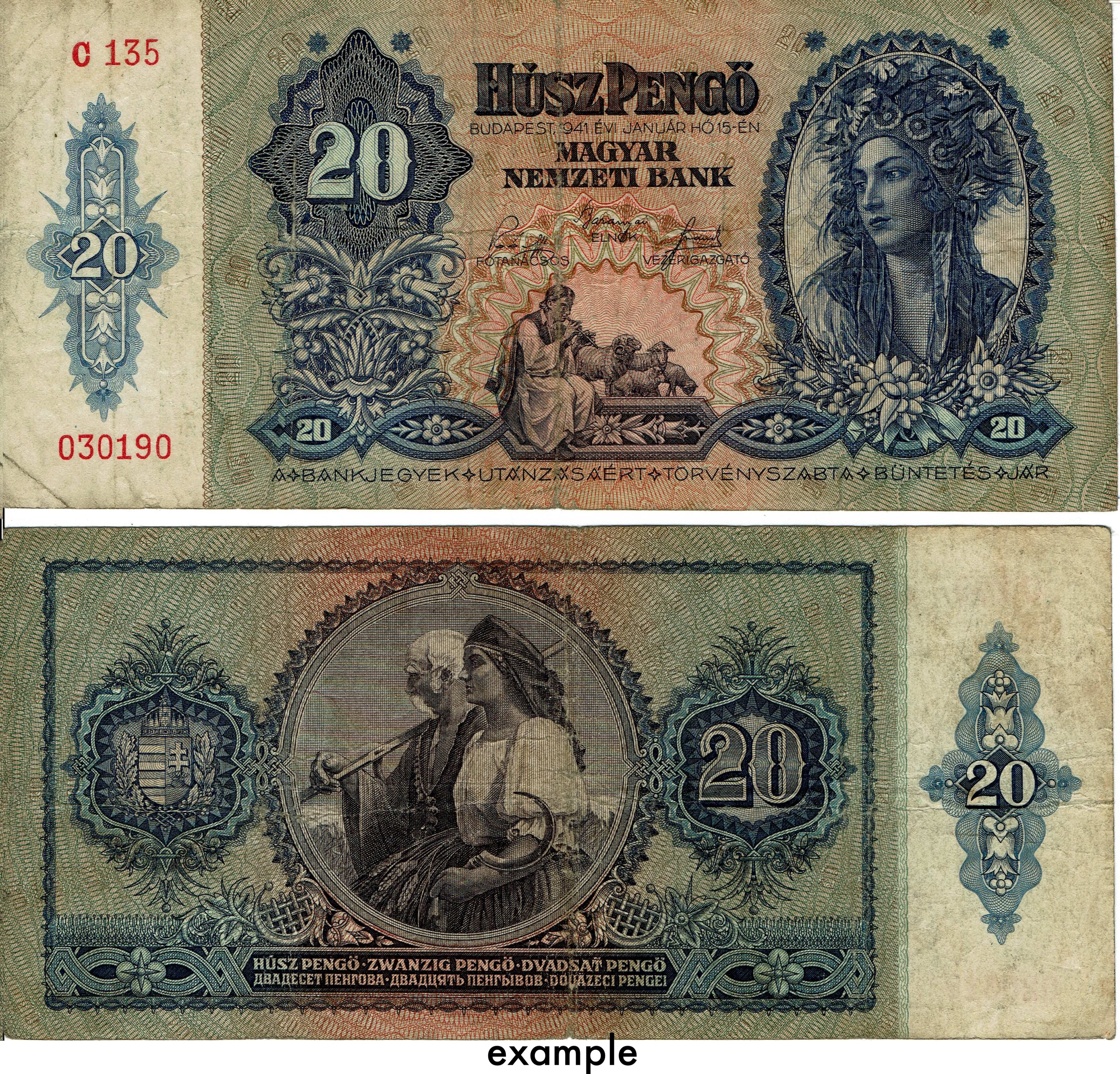 Hungary P109 20 Pengő 1941 VF- Very Fine Minus circulated—Blue—Woman—Shepherd