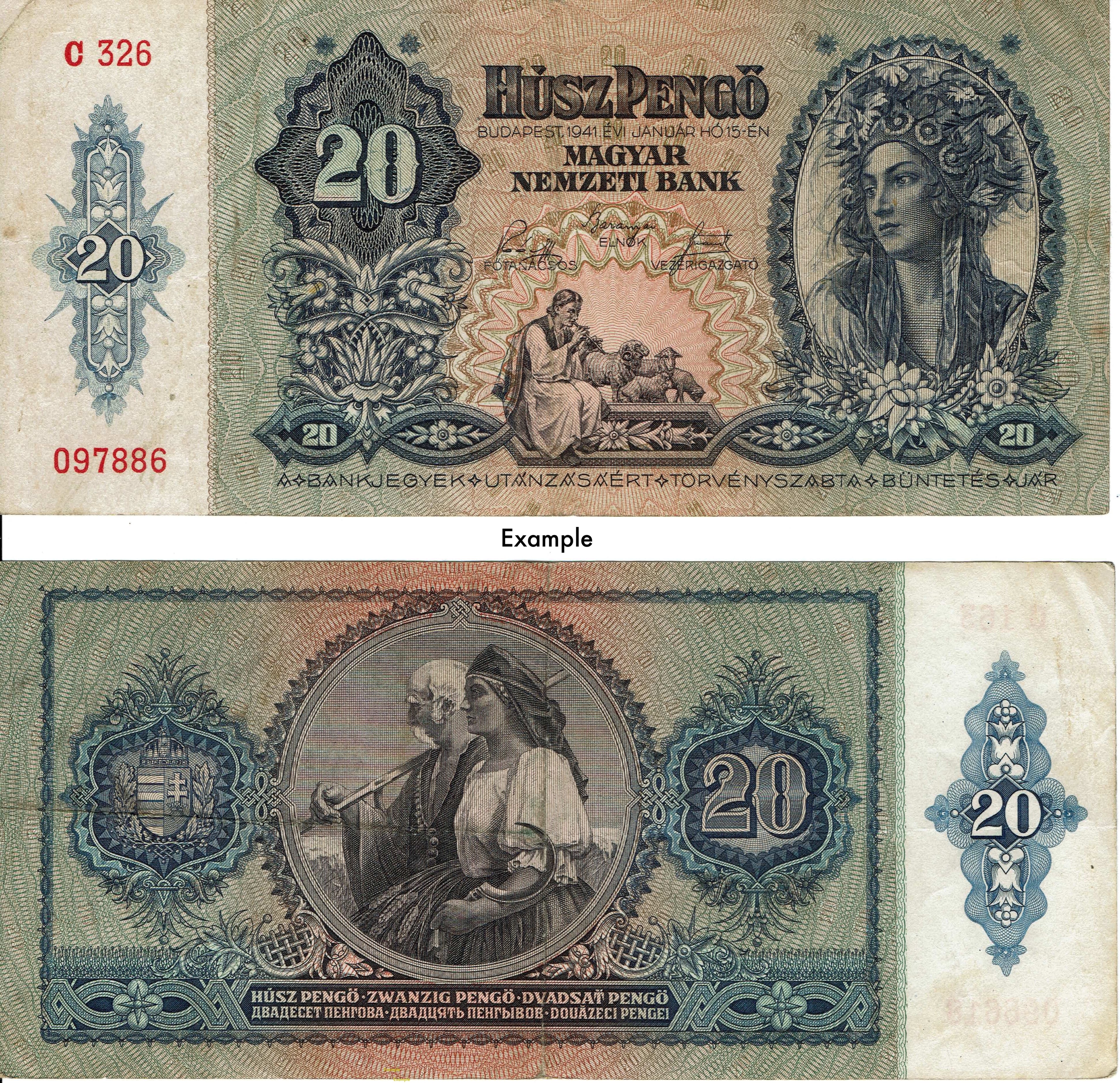 Hungary P109 20 Pengő 1941 VF Very Fine circulated—Woman—Shepherd—Blue
