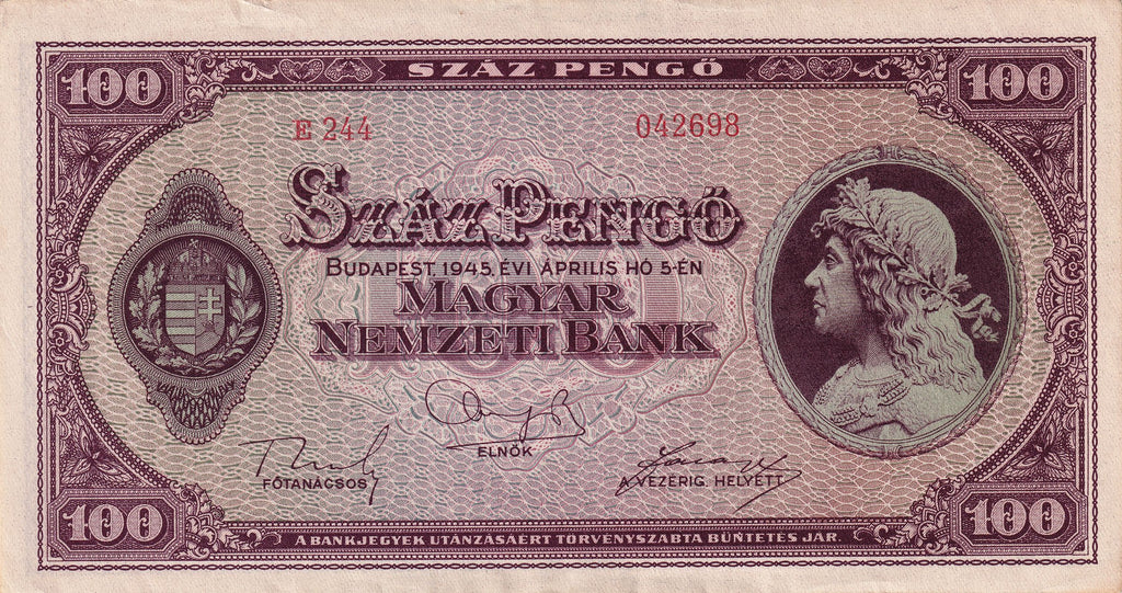 Hungary P111 100 Pengō 1945 VF+ Very Fine Plus—Stunning Parliament