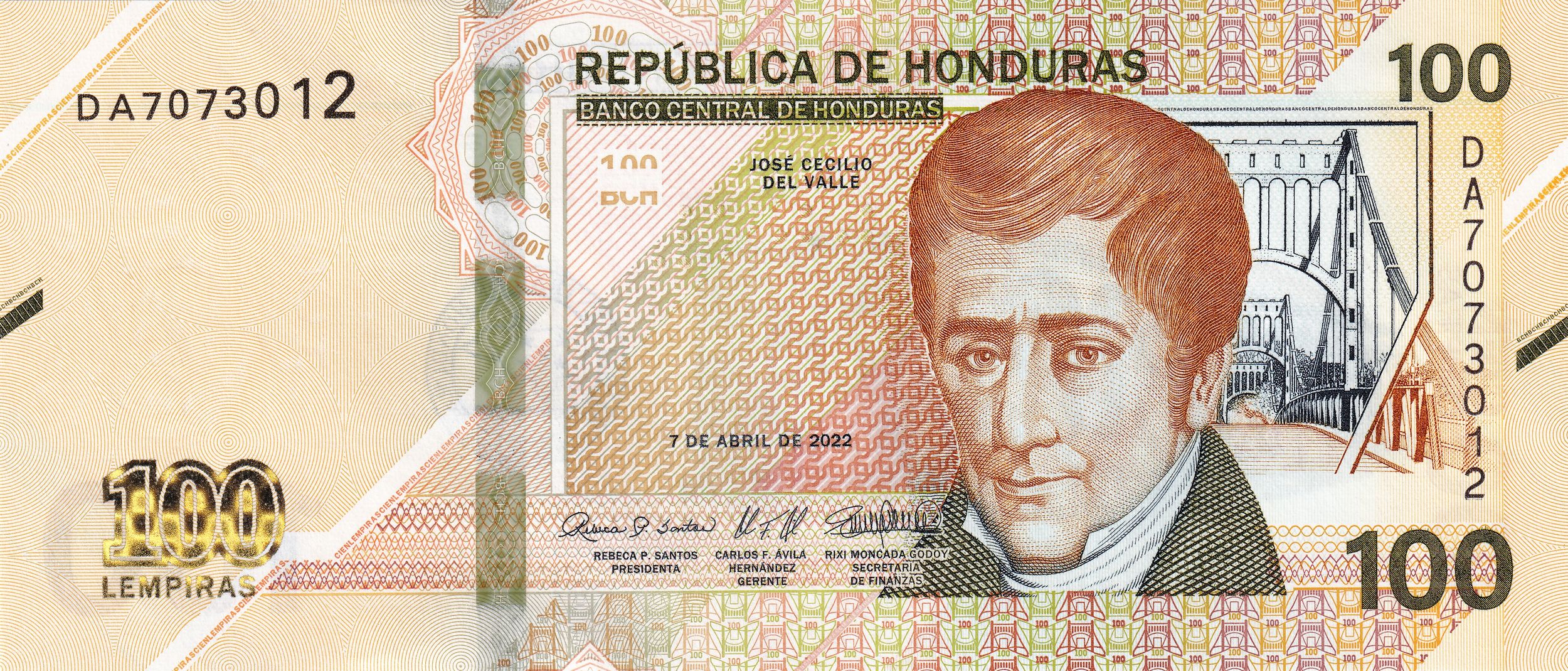 Honduras P112 100 Lempiras 2022 or 2024 UNC—José Cecilio del Valle