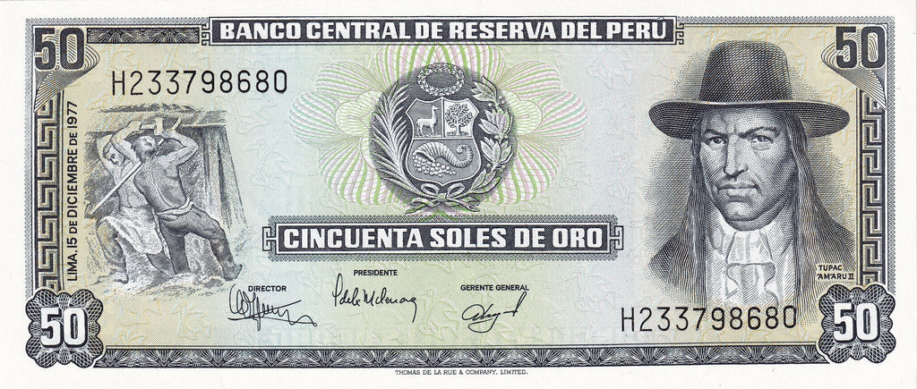 Peru P113 50 Soles de Oro 1977 UNC—Indigenous Rebellion Leader, Tupac Amaru II