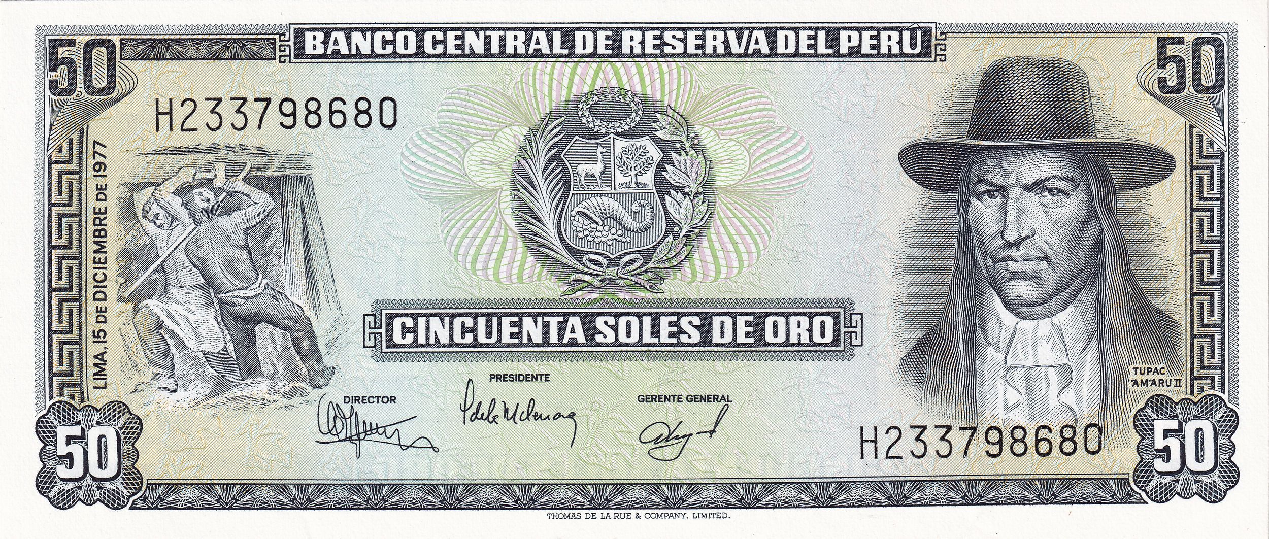 Peru P113 50 Soles de Oro 1977 UNC—Indigenous Rebellion Leader, Tupac Amaru II