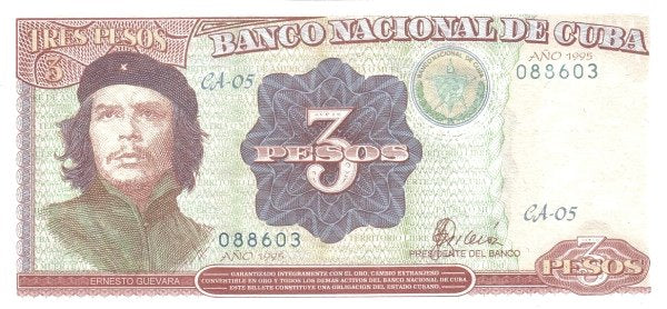 Caribbean P113 3 pesos 1995 UNC—revolutionary hero in beret C.G.—sugar cane