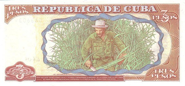 Caribbean P113 3 pesos 1995 UNC—revolutionary hero in beret C.G.—sugar cane