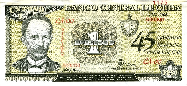 Caribbean P114 1 peso 1995 45th Anniv. Nationalization of Banks and 100th Anniv. Death of José Martí (Specimen only)