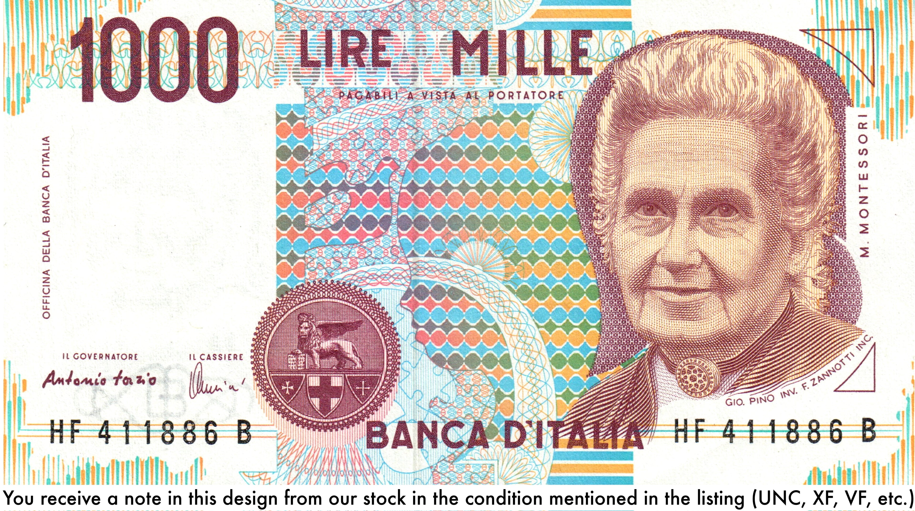 Italy P-114 (a–c various) 1000 Lire Lira 1990-2001 VF—Maria Montessori