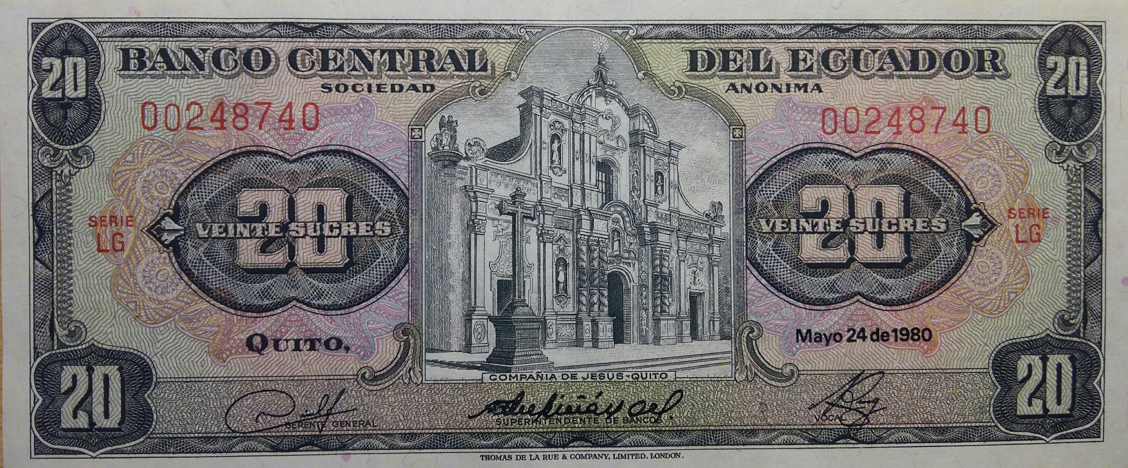 Ecuador P115 20 sucres UNC—Compañía de Jesús Church in Quito 29365