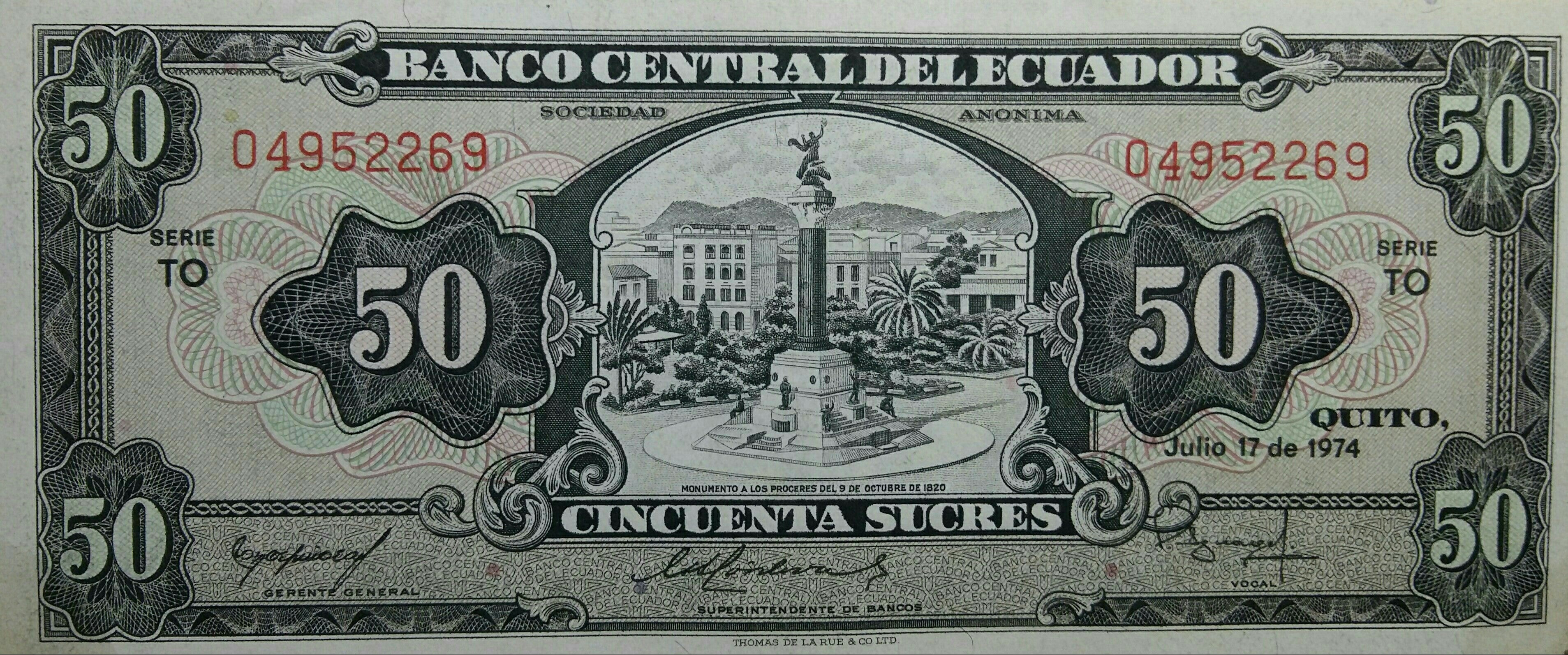 Ecuador P116 50 sucres 1986-1988 UNC—without "Sociedad Anónima" 30183