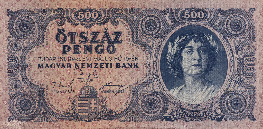 Hungary P117 500 Pengő 1945 VF+ Very Fine Plus—Dark Blue—Allegorical Woman