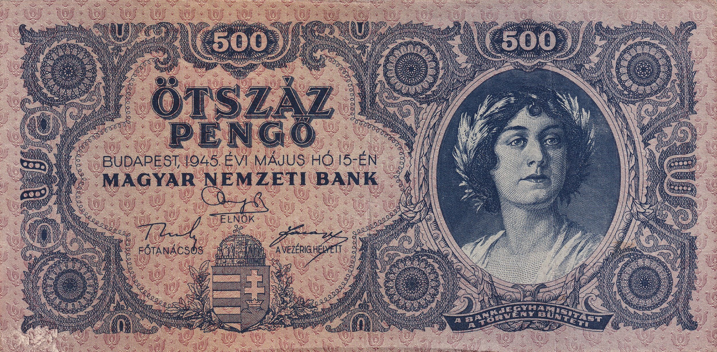 Hungary P117 500 Pengő 1945 VF+ Very Fine Plus—Dark Blue—Allegorical Woman