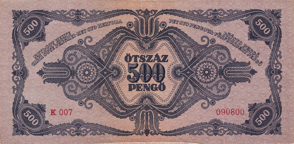 Hungary P117 500 Pengő 1945 VF+ Very Fine Plus—Dark Blue—Allegorical Woman