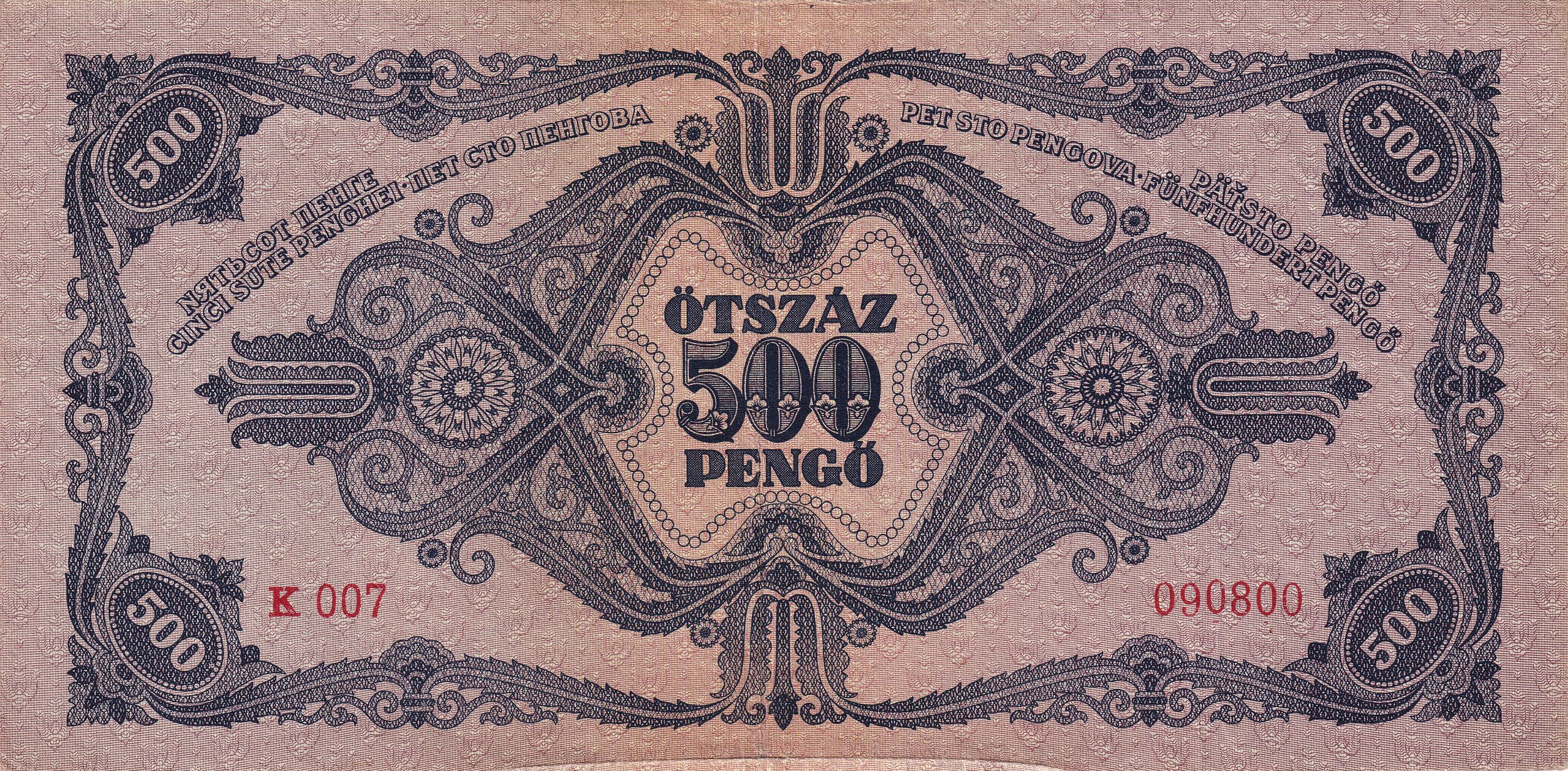 Hungary P117 500 Pengő 1945 VF+ Very Fine Plus—Dark Blue—Allegorical Woman