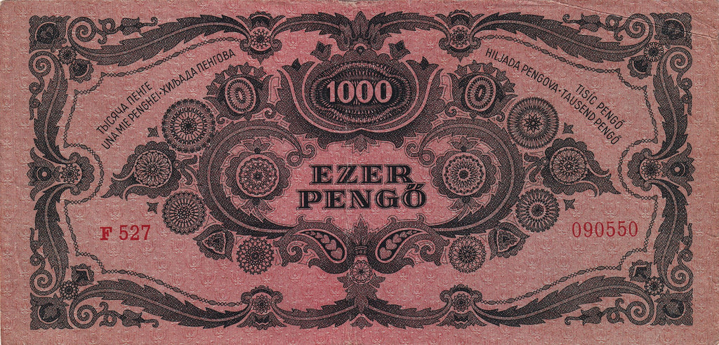 Hungary P118b 1000 Pengő 1945 VF+ Very Fine Plus—Dark Green—Woman—Stamp
