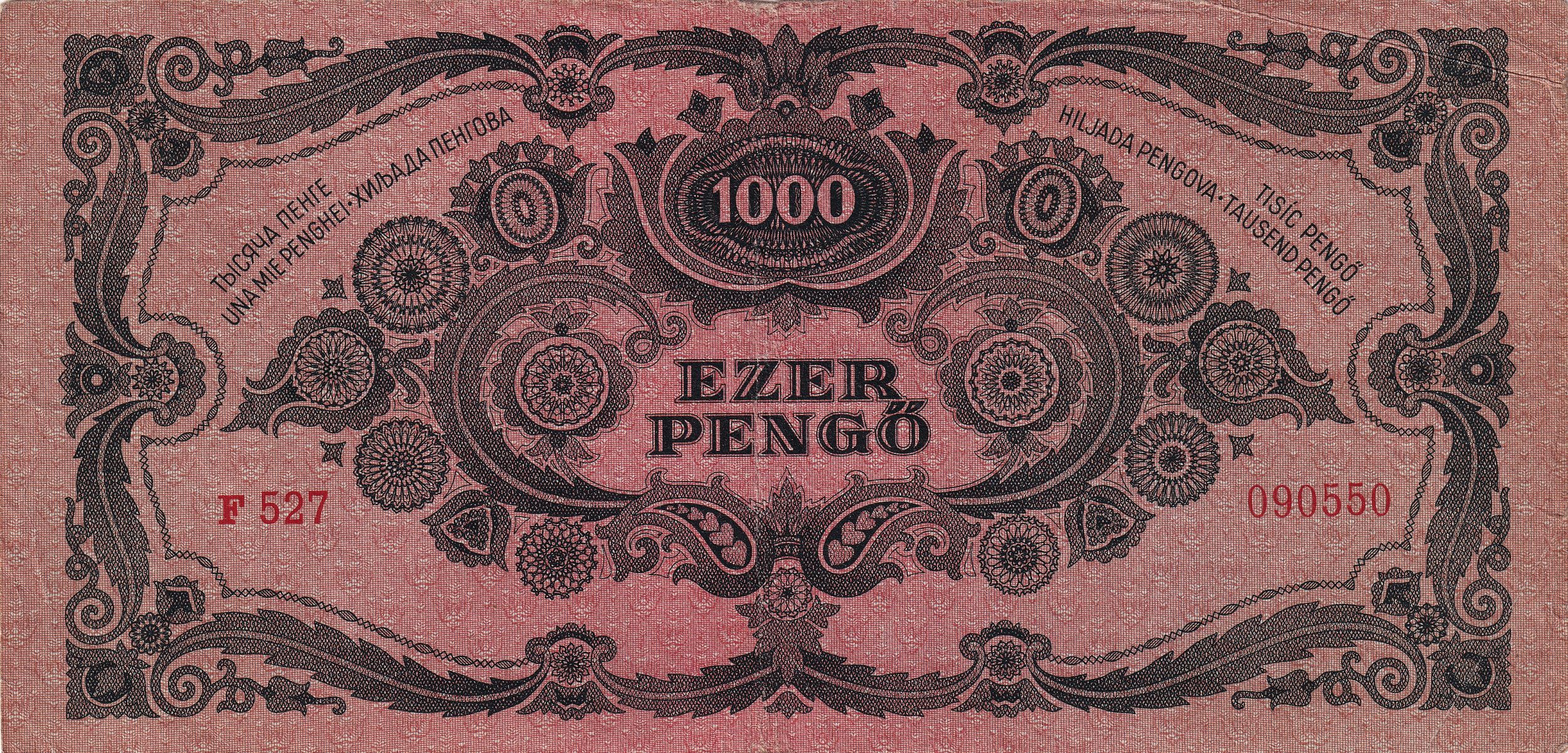Hungary P118b 1000 Pengő 1945 VF+ Very Fine Plus—Dark Green—Woman—Stamp