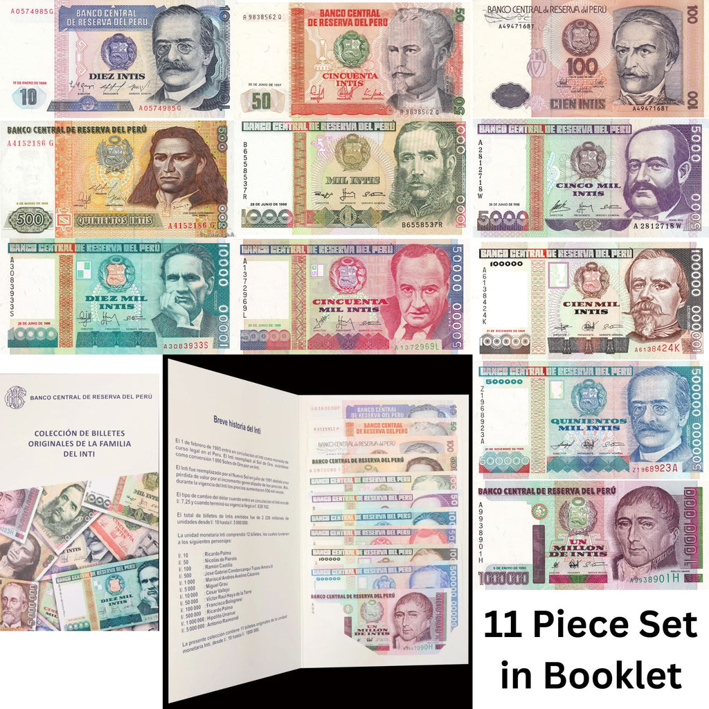 Peru 11 Pcs Set Inti UNC Booklet 10 50 100 500 1K 5K 10K 50K 100000 500000 1000000