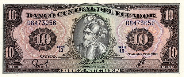 Ecuador P121 1988(3)—Ser LQ—10 Sucres UNC—Conquistador Who Founded Quito