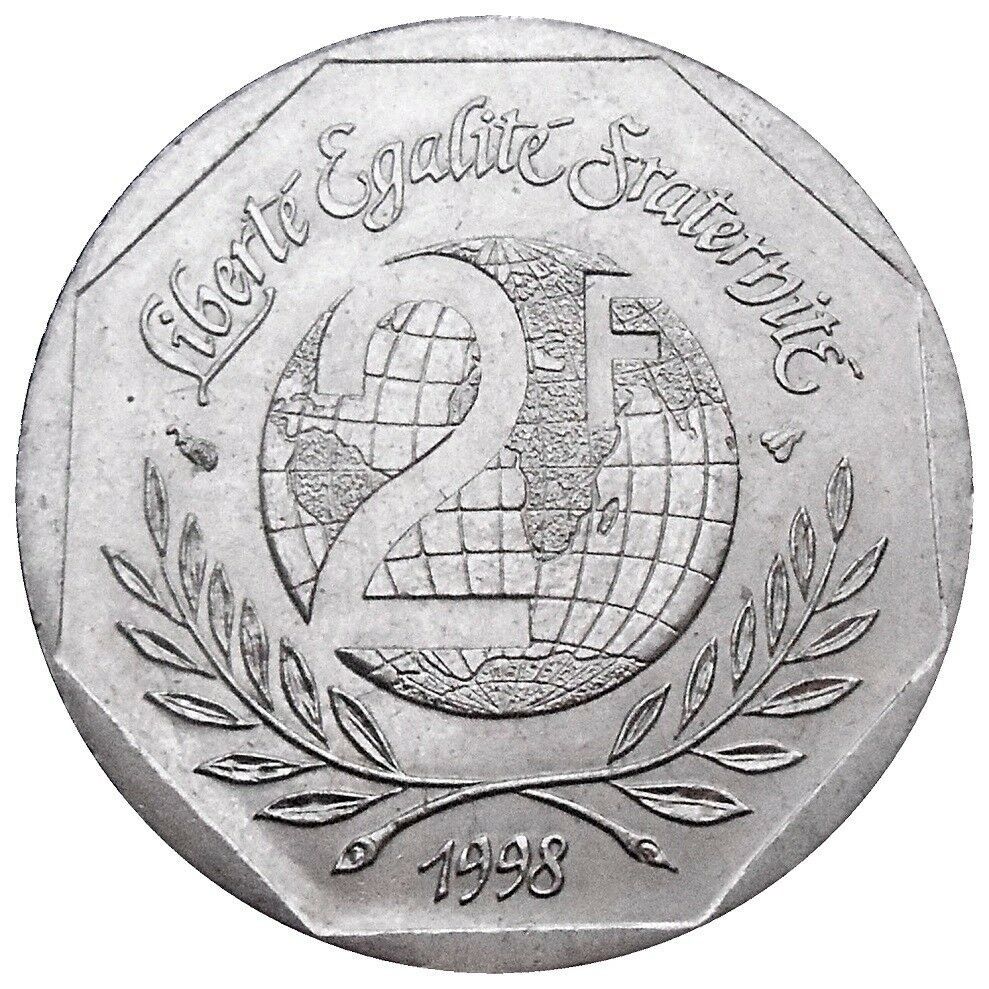 France KM#1213 2 Francs 1998 Very Fine VF—50th Anniversary of the Universal Declaration of Human Rights