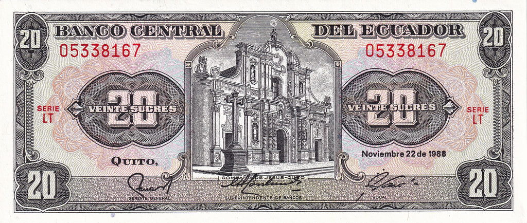 Ecuador P121A (a only) 20 sucres UNC— 31531 —Compañía de Jesús Church in Quito. On P-115 (1961-83), text Sociedad Anónima written under Banco Central del Ecuador, not present on P-121A (1986, 1988).