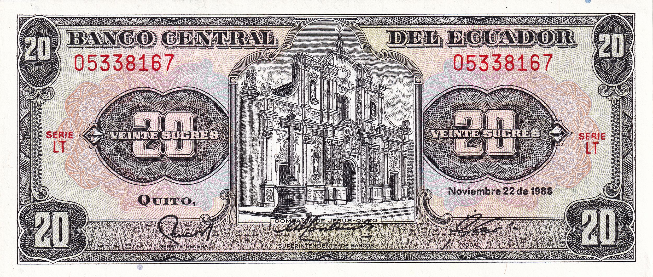 Ecuador P121A (a only) 20 sucres UNC— 31531 —Compañía de Jesús Church in Quito. On P-115 (1961-83), text Sociedad Anónima written under Banco Central del Ecuador, not present on P-121A (1986, 1988).