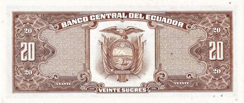 Ecuador P121A (a only) 20 sucres UNC— 31531 —Compañía de Jesús Church in Quito. On P-115 (1961-83), text Sociedad Anónima written under Banco Central del Ecuador, not present on P-121A (1986, 1988).