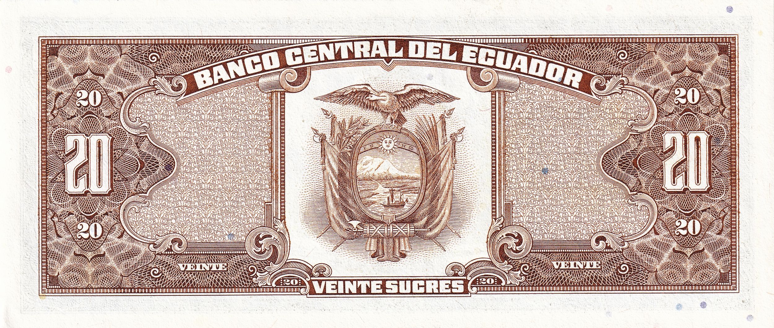 Ecuador P121A (a only) 20 sucres UNC— 31531 —Compañía de Jesús Church in Quito. On P-115 (1961-83), text Sociedad Anónima written under Banco Central del Ecuador, not present on P-121A (1986, 1988).