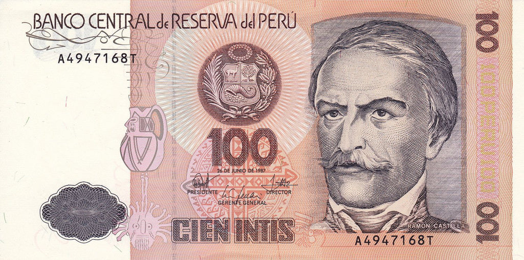 Peru P132 or P133 100 Intis 1985-1987 UNC—From Slave to President—Cotton