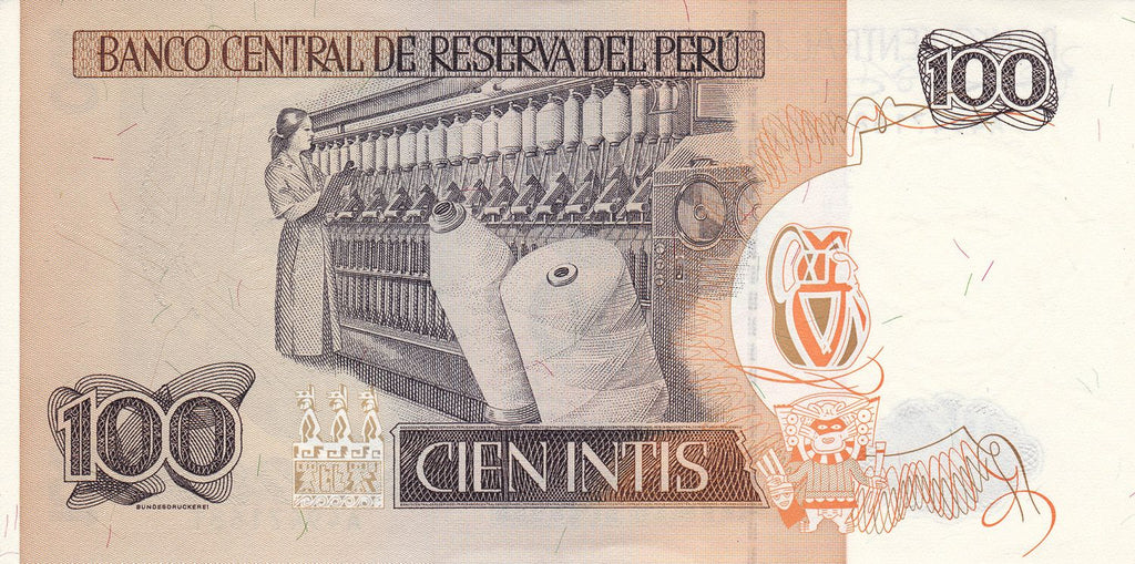 Peru P132 or P133 100 Intis 1985-1987 UNC—From Slave to President—Cotton