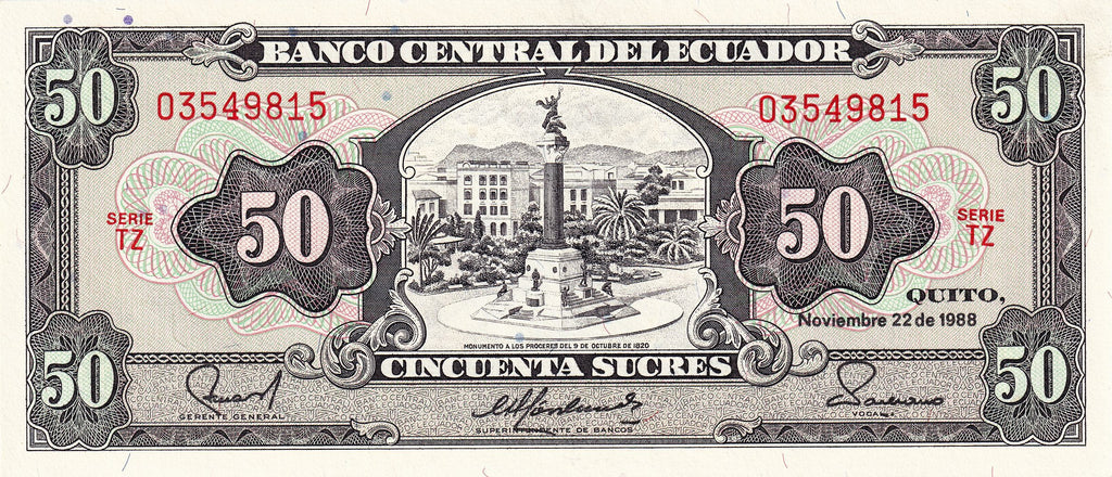 Ecuador P122a 50 sucres 1988 UNC—series UA—without "Sociedad Anónima"