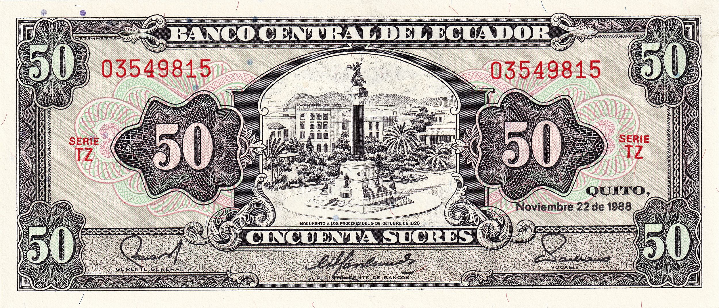Ecuador P122a 50 sucres 1988 UNC—series UA—without "Sociedad Anónima"