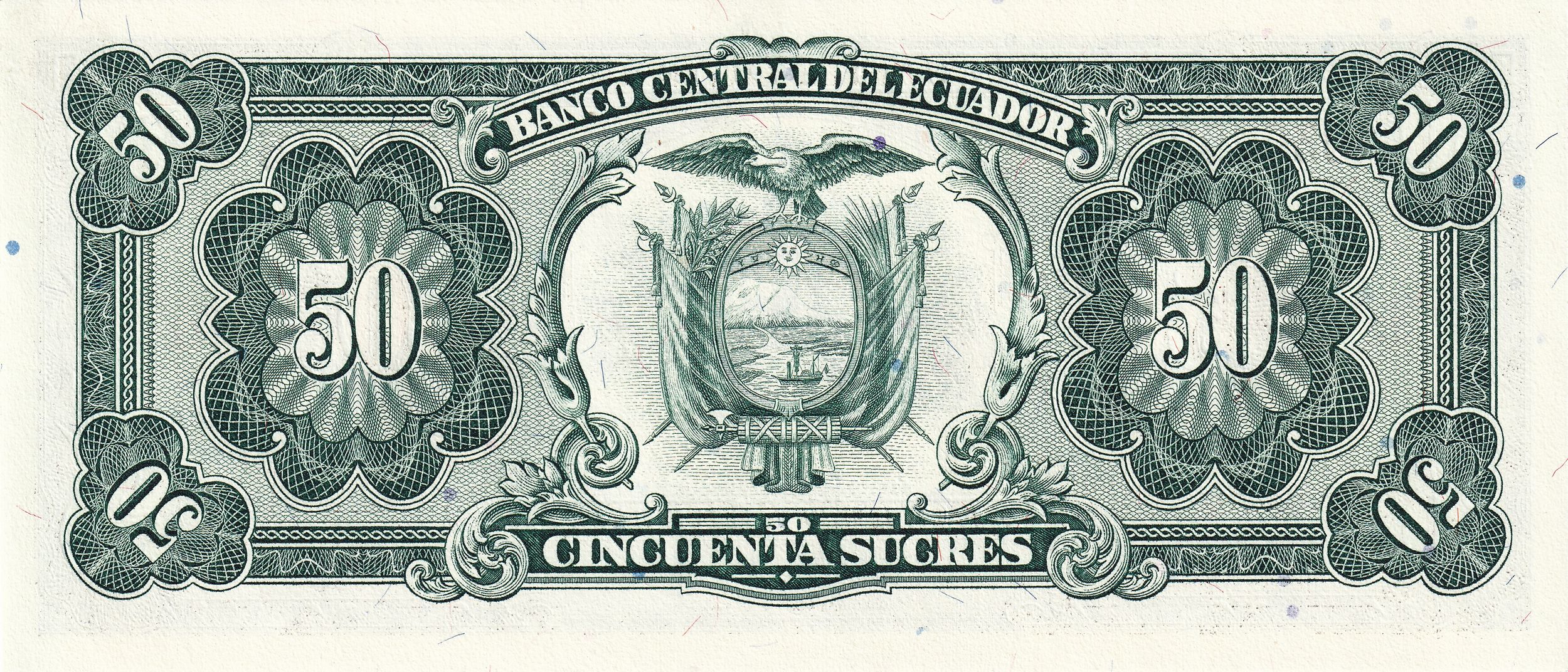 Ecuador P122a 50 sucres 1988 UNC—series UA—without "Sociedad Anónima"