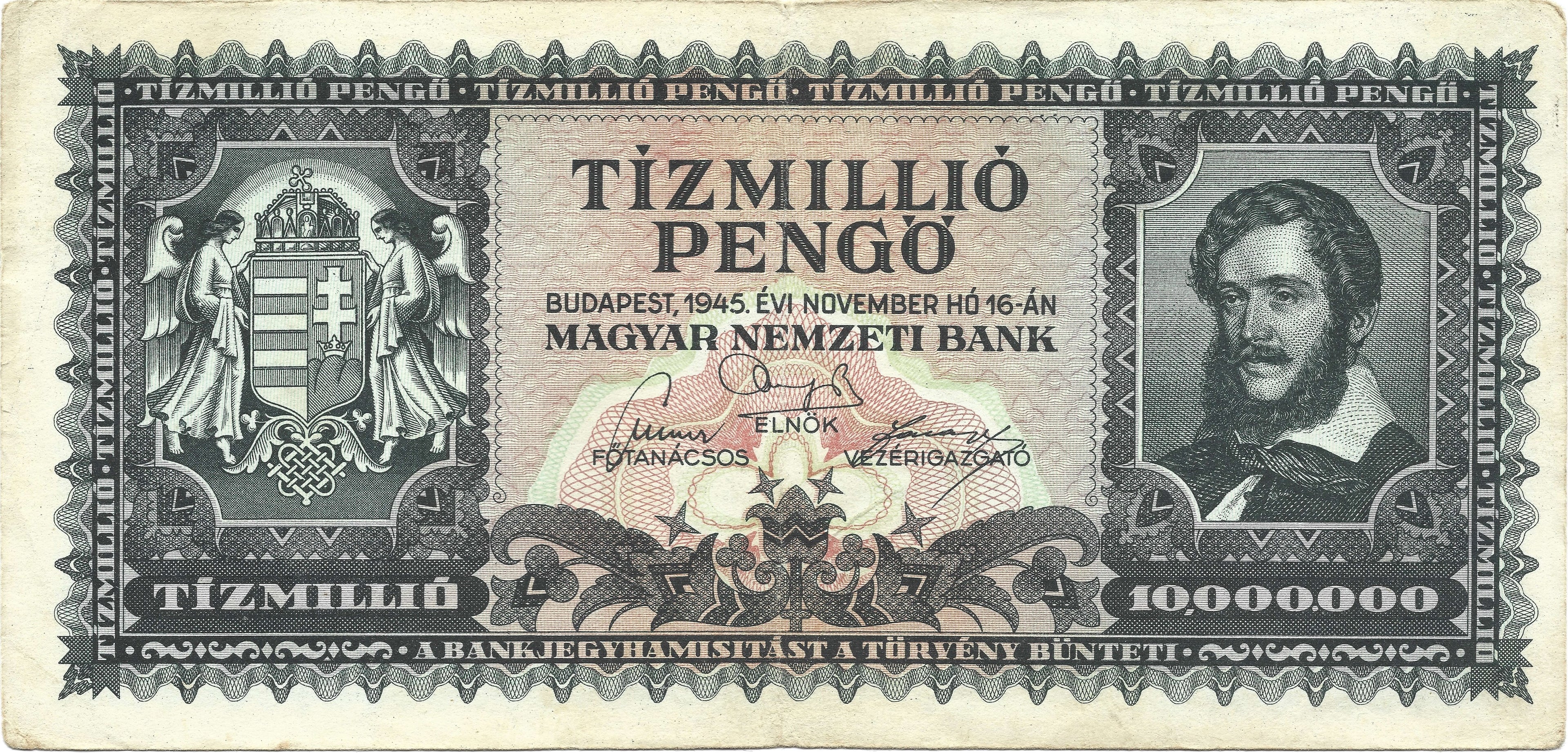 Hungary P123 10000000 Pengő 1945 VF+ Very Fine Plus—Greens